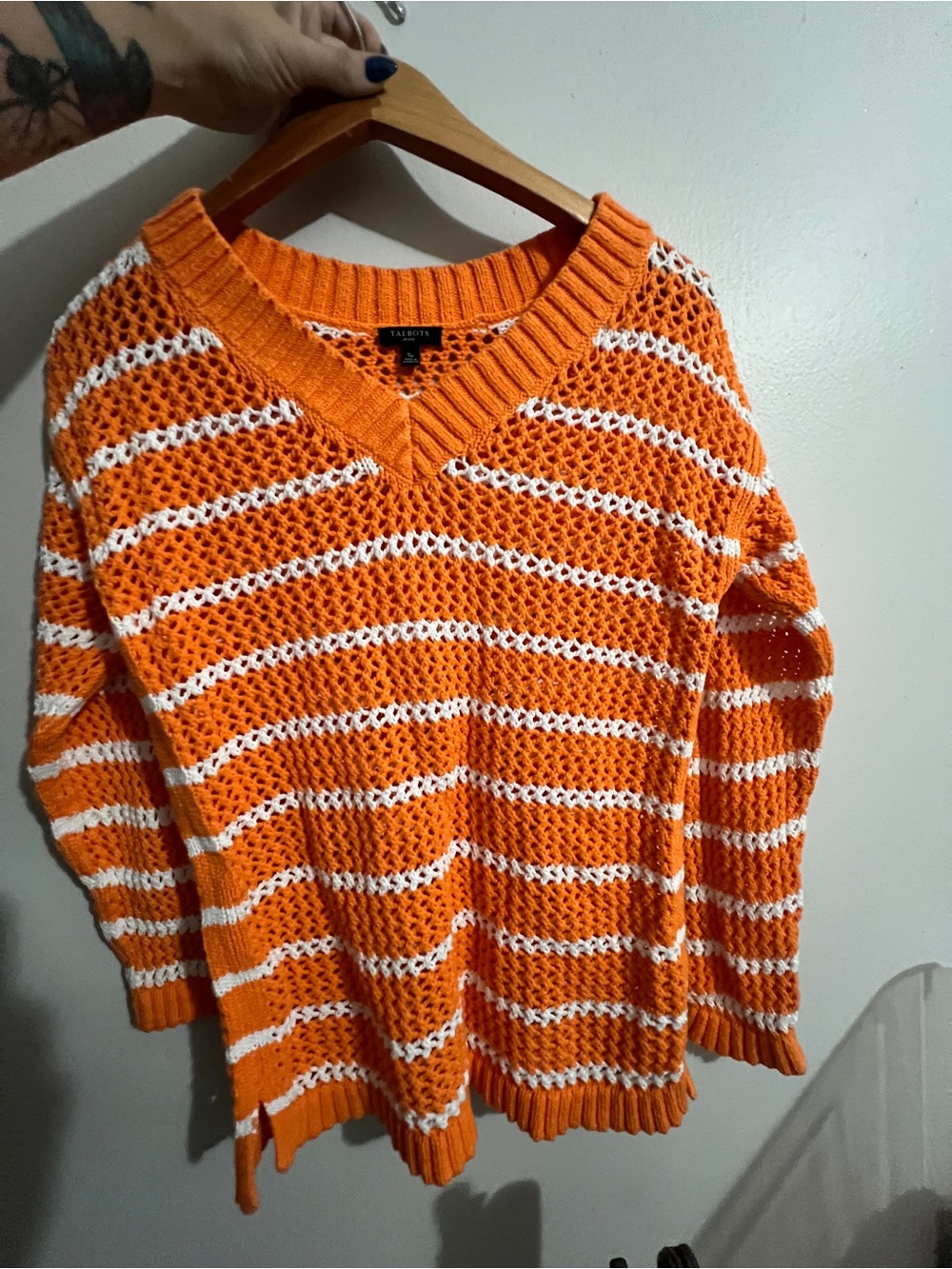 Talbots V‑Neck Orange & White Stripe Sweater